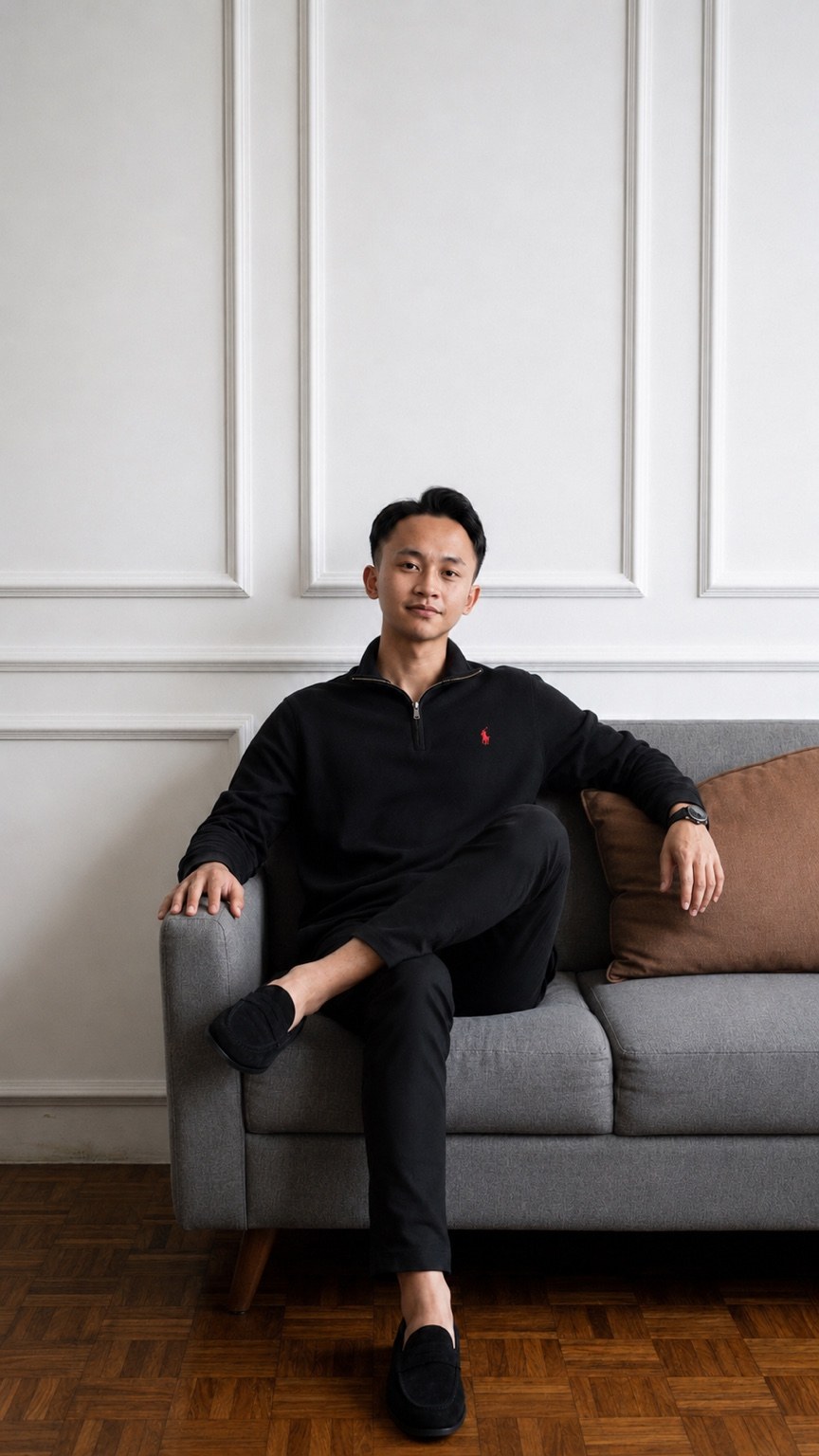 Rihul CZ duduk di sofa abu-abu
